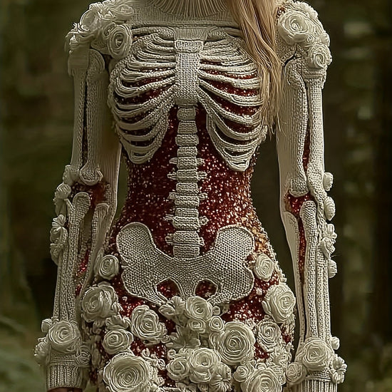 Women'S Gothic Skeleton Print Bodycon Skirt - Dark Halloween Party Skirt with Round Neck & A-Line Silhouette, Mid-Length Pencil Skirt for Fall/Winter, Non-Stereoscopic Bone Design for Themed Events & Casual Attire (No Padding SS69 40.69 Multicolor / XXL