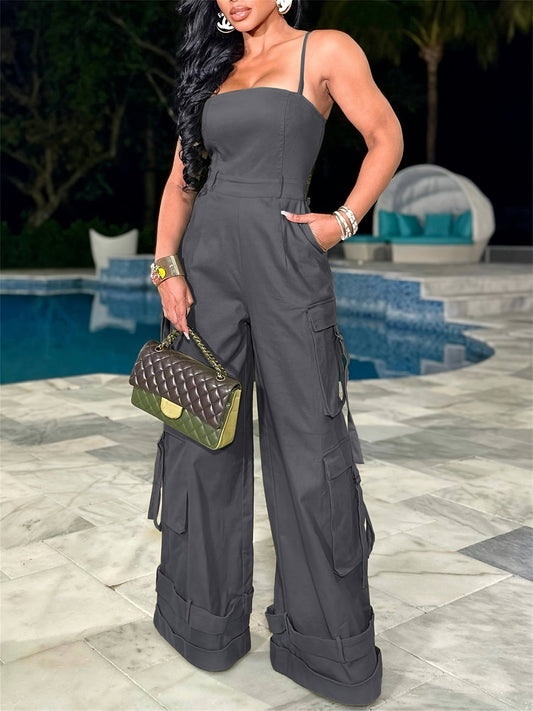Women'S Y2K Wide-Leg Cargo Jumpsuit - Summer Utility Romper With Multi-Pockets And Spaghetti Straps | Casual Street Style Overalls For Outdoor Adventures/Urban Exploring (Adjustable Spaghetti Straps) SS69