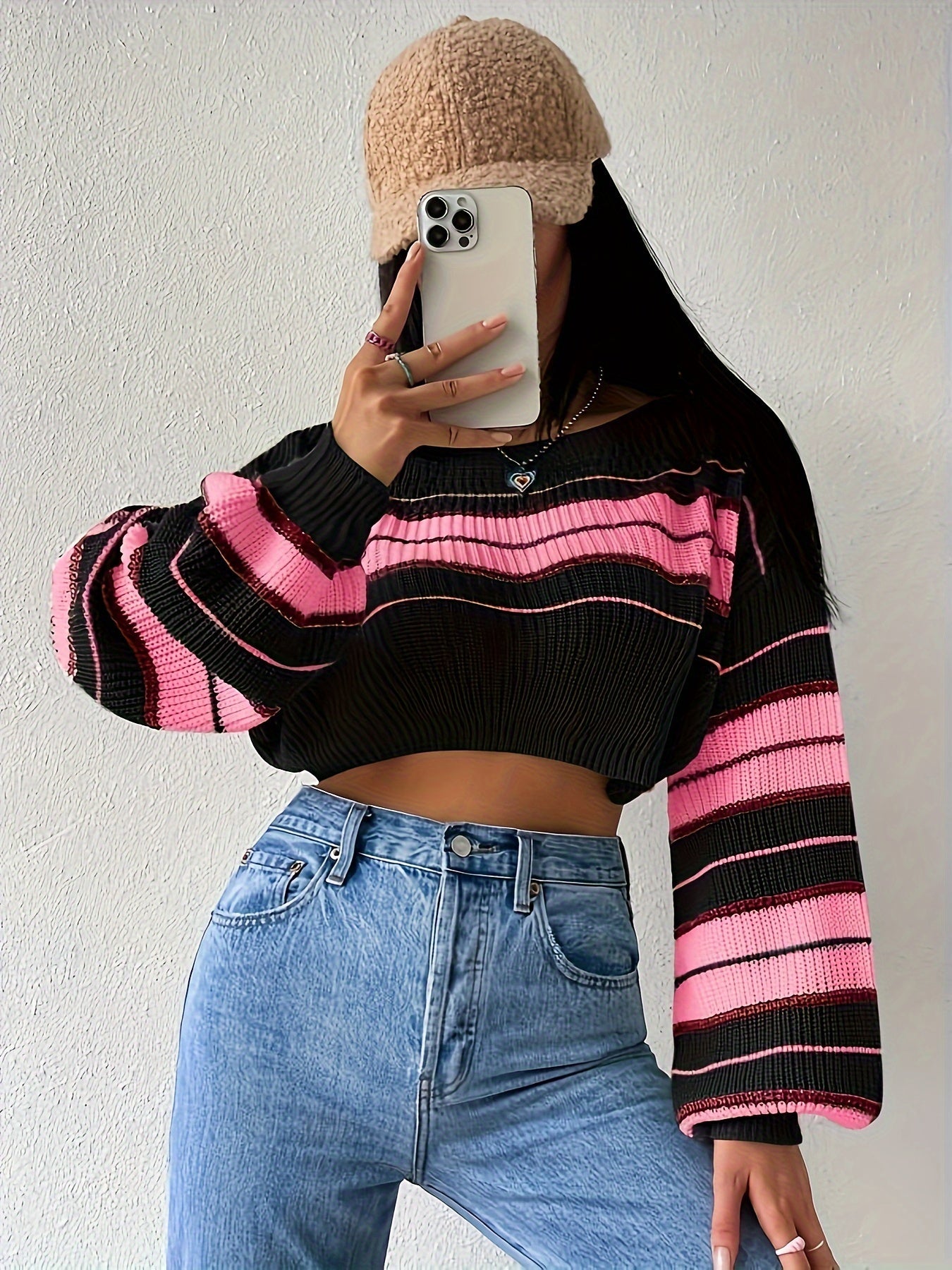 [Boat Neck Striped Pullover] Striped Boat Neck Pullover Sweater, Elegant Lantern Sleeve Drop Shoulder Crop Sweater, Women's Clothing SS69