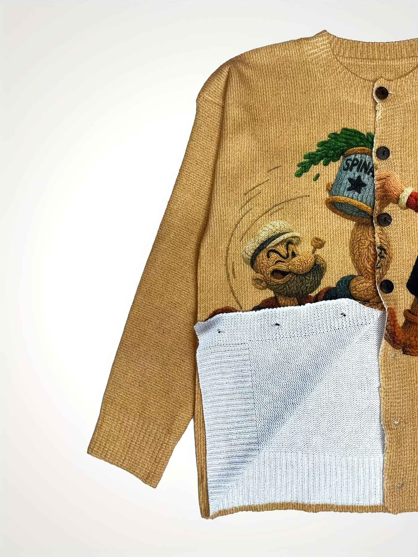 2D Printed Sweater with Vintage Pattern, Women's Lazy Style Cardigan for Autumn and Winter, Loose Fit Versatile Top, Popeye Print Fashionable Elegant Trendy Full Print Cardigan, "The First Gentle Cardigan of Early Autumn, 2D