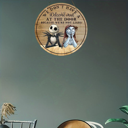 1pc Disney The Nightmare Before Christmas Jack & Sally Metal Sign - 8-Inch Round Rustic Welcome Door Decor with "We Don't Have a Mat" Humorous Quote, Weather-Resistant Indoor/Outdoor Wall Art for Halloween, Christmas, Thanksg SS69