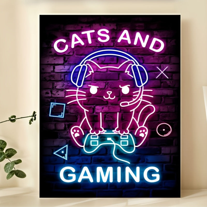 Room Decor 1pc Chic Cat and Neon Gaming Canvas Print Poster, Vibrant Wall Art Decor, Unique Creative Animal & Cartoon Themed Canvas Artwork, 30.48cm x 40.64cm with Frameless for Living Room, Bedroom, Office, Dining Room, Wate SS69