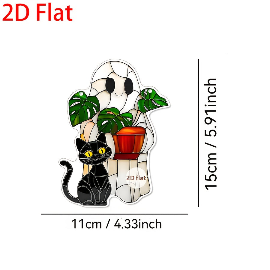 2D Flat, 2D Flat Cute Ghost Plant And Black Cat ACRYLIC Suncatcher, Ghost Monstra Window Hanging, Hangings Plant Lover Gift, Black Cat Lover, Mom Gift, Halloween Decor Acrylic Ornament Art Christmas Ornament, Car Interiors, 2 SS69