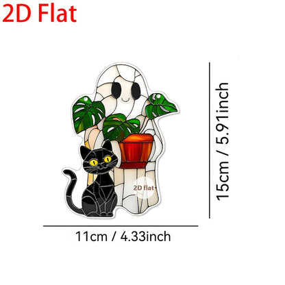 2D Flat, 2D Flat Cute Ghost Plant And Black Cat ACRYLIC Suncatcher, Ghost Monstra Window Hanging, Hangings Plant Lover Gift, Black Cat Lover, Mom Gift, Halloween Decor Acrylic Ornament Art Christmas Ornament, Car Interiors, 2 SS69