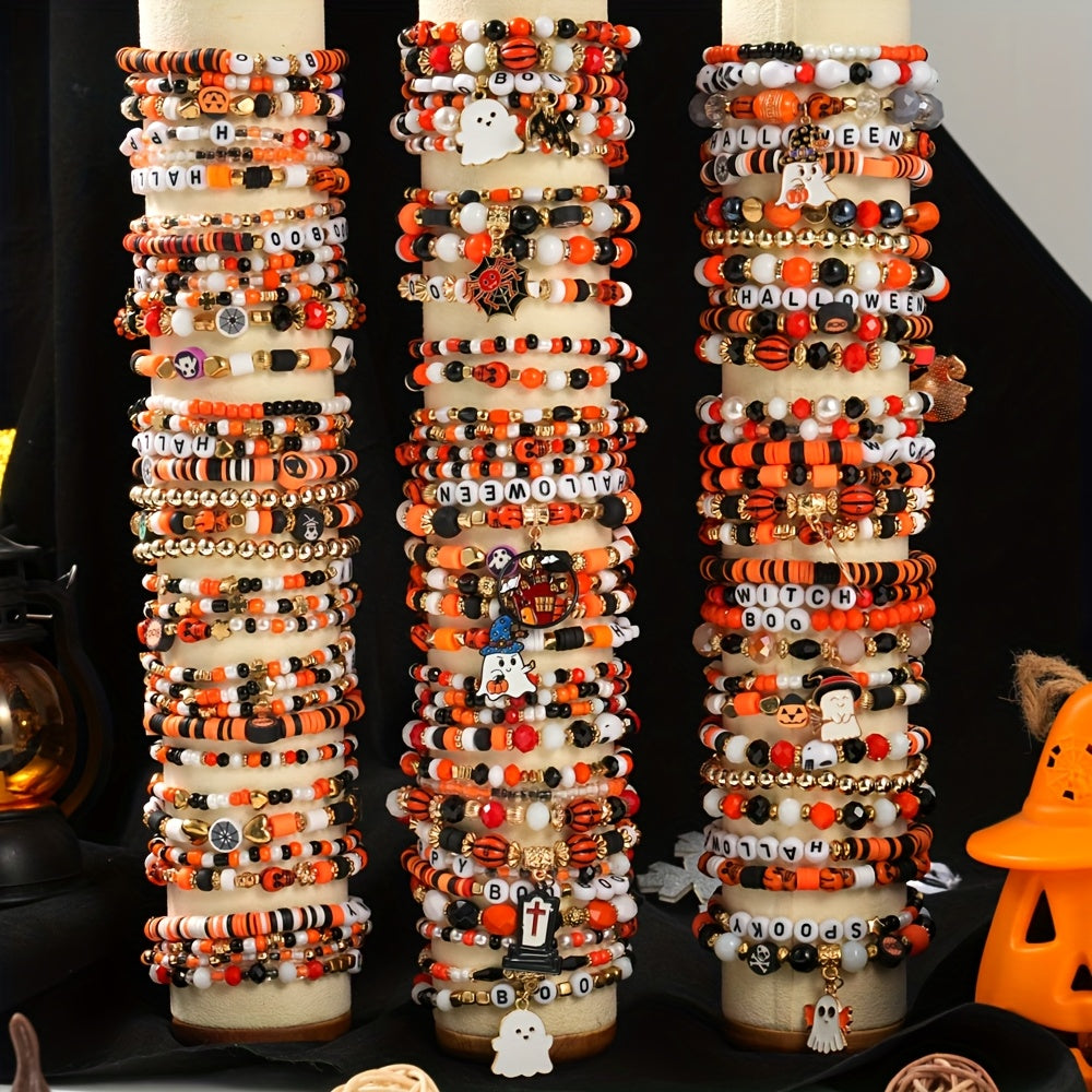 [Spooky Halloween Bracelets] 6/12/18/24/30/36pcs Spooky Halloween Beaded Bracelets | Goth Pumpkin Bat Witch Charm Stretch Stackable Bracelet Set for Women Men - Orange Beads Holiday Jewelry Gifts for Everyday Wear And Parties SS69