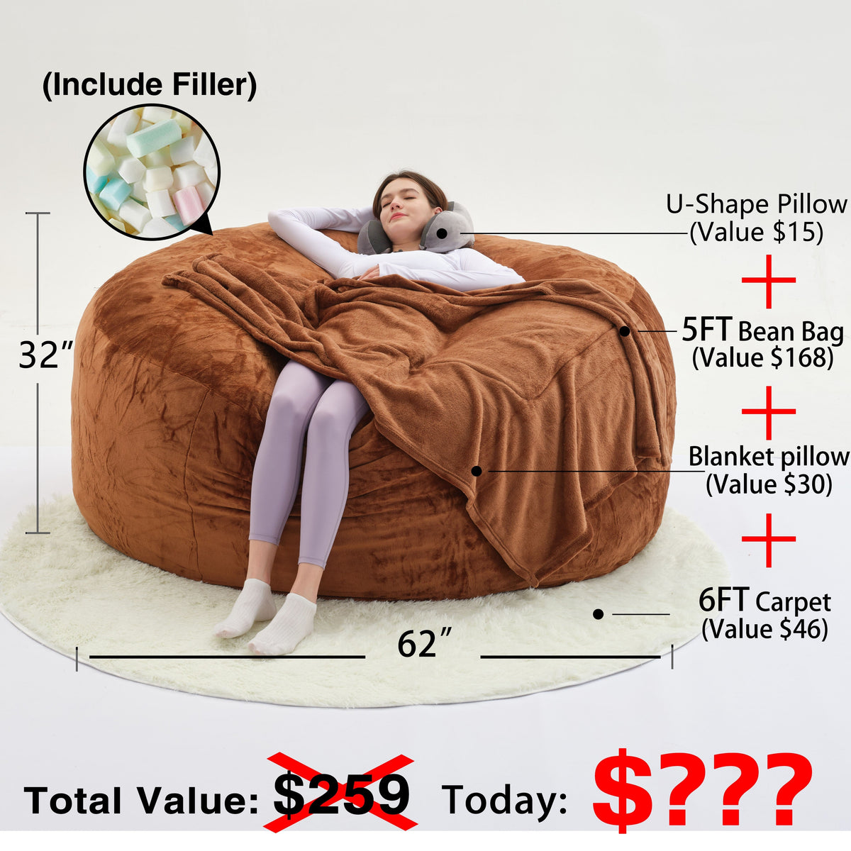 Beanbag Sofa Chair include Filler(Give 3 Gifts:U-shape pillow, blanket pillow, 6FT carpet), Large Round Soft Fluffy Flannel Removable Machine Washable beanbag Sofa, 50 lb Memory Sponge Filled Living Room Bedroom Gamingroom So SS69