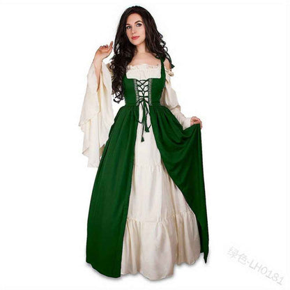 [Elegant Medieval Costume] Elegant Women's Medieval Two-Piece Costume - Renaissance Drama Outfit with Corset-like Bodice & Long Flowing Skirt | Halloween, Renaissance Faire, Themed Parties | Burgundy/White, Black/White, Green