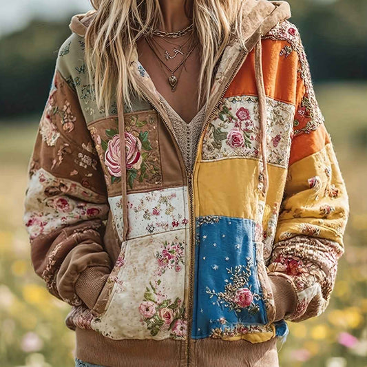Plus Size, Women's Plus Size Vintage Bohemian Floral & plant print Hooded Jacket/Sweatshirt - Elegant Loose Fit Oversized Coat with Full-Length Zipper, H-Line Silhouette for Fall Winter Spring, Machine Washable for easy care