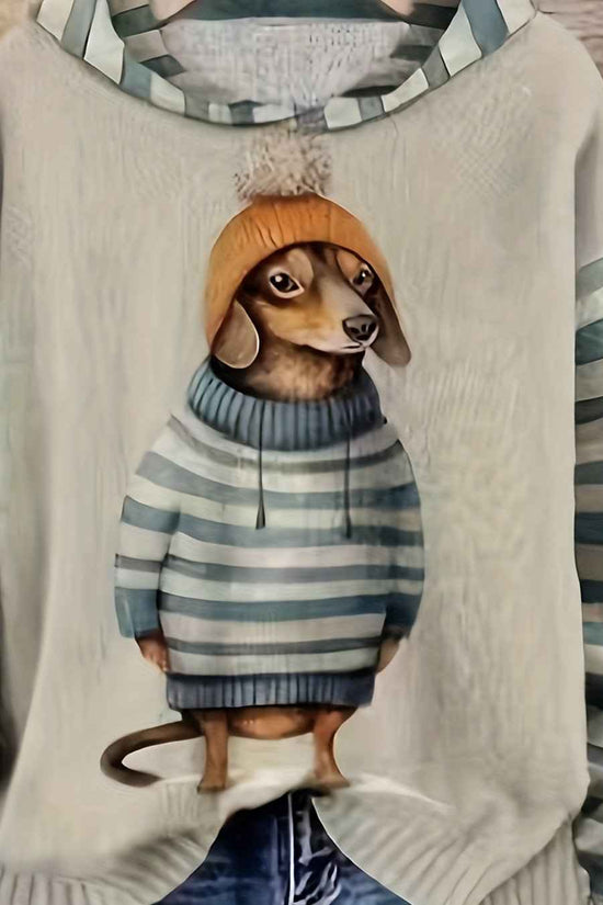 [Cute Sweater] Cute Dachshund Dog Plus Size Women's Casual Round Neck Long Sleeve Sweater | 3D Digital Print, Navy Blue, Cozy Fall Winter Top, Dog Sweater, Winter Comfort Clothing, Texture