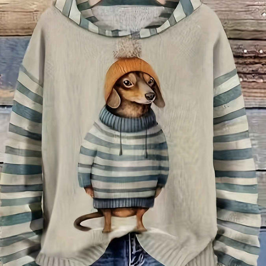 [Cute Sweater] Cute Dachshund Dog Plus Size Women's Casual Round Neck Long Sleeve Sweater | 3D Digital Print, Navy Blue, Cozy Fall Winter Top, Dog Sweater, Winter Comfort Clothing, Texture