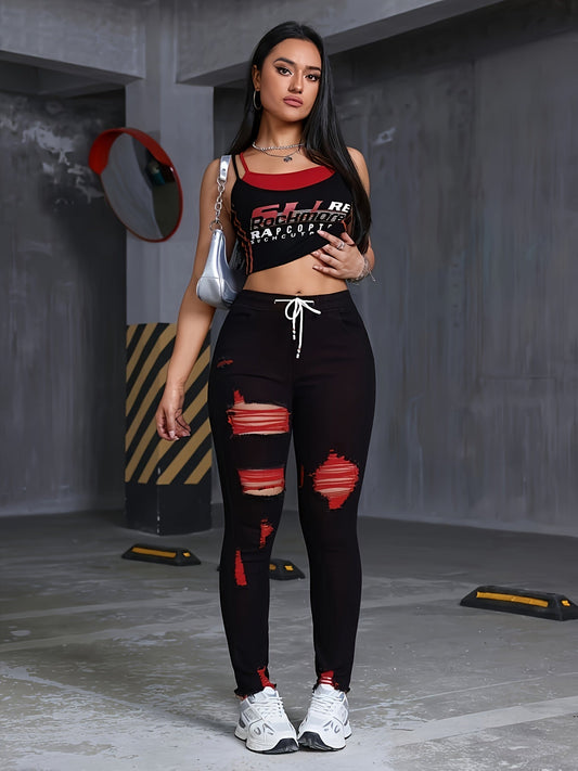 Women's High-Waisted Stretch Skinny Jeans - Black with Red & Green Thread Geometric Pattern, Y2K Distressed Ripped Cuffs & Slant Pockets, 85% Rayon/2% Elastane/13% Polyester Blend, Machine Washable All-Season Casual Pants SS69