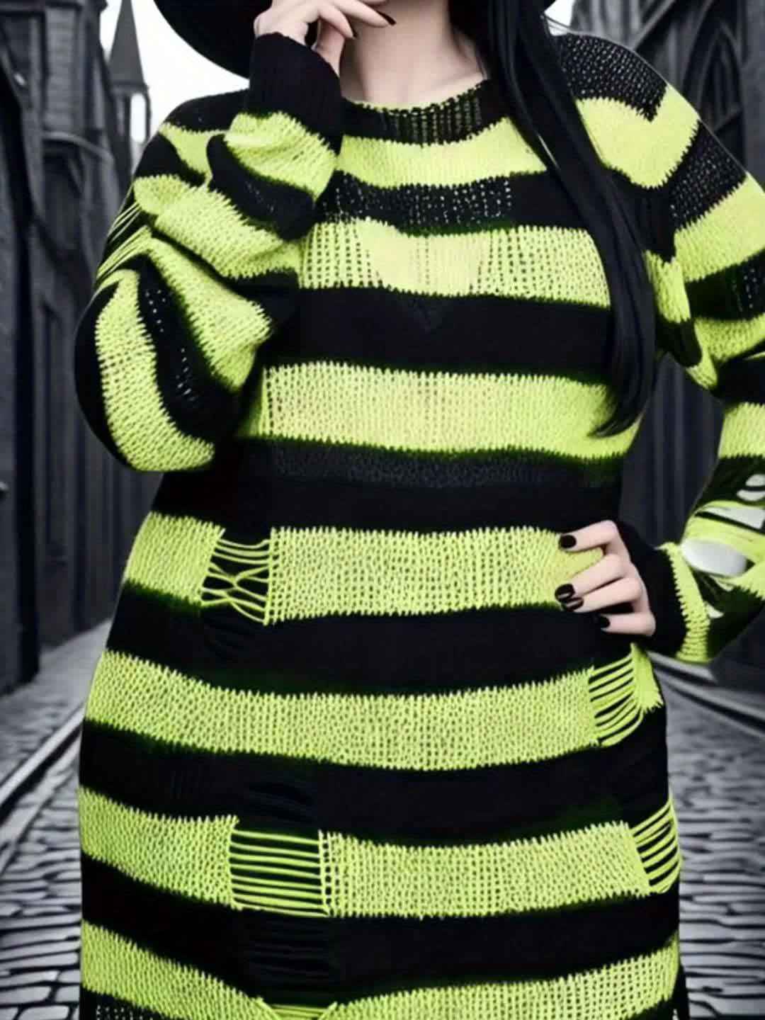 [Gothic Knitted Top] Gothic Long Loose-Fitting Knitted Top - Round Neck, Unique Torn Design with Contrasting Stripes