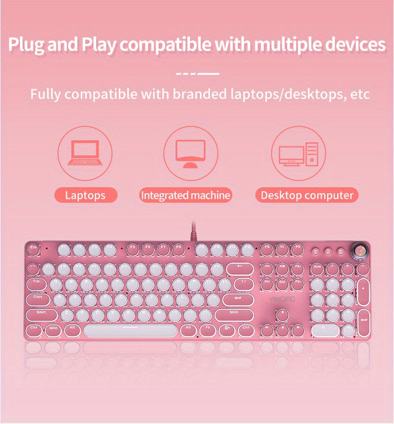 YINDIAO Pink Mechanical Keyboard with Cherry Switches - Retro Punk Design, Backlit Gaming Keyboard for Office & Home Use, Office Keyboard | Pink Keyboard | Nonslip Texture SS69
