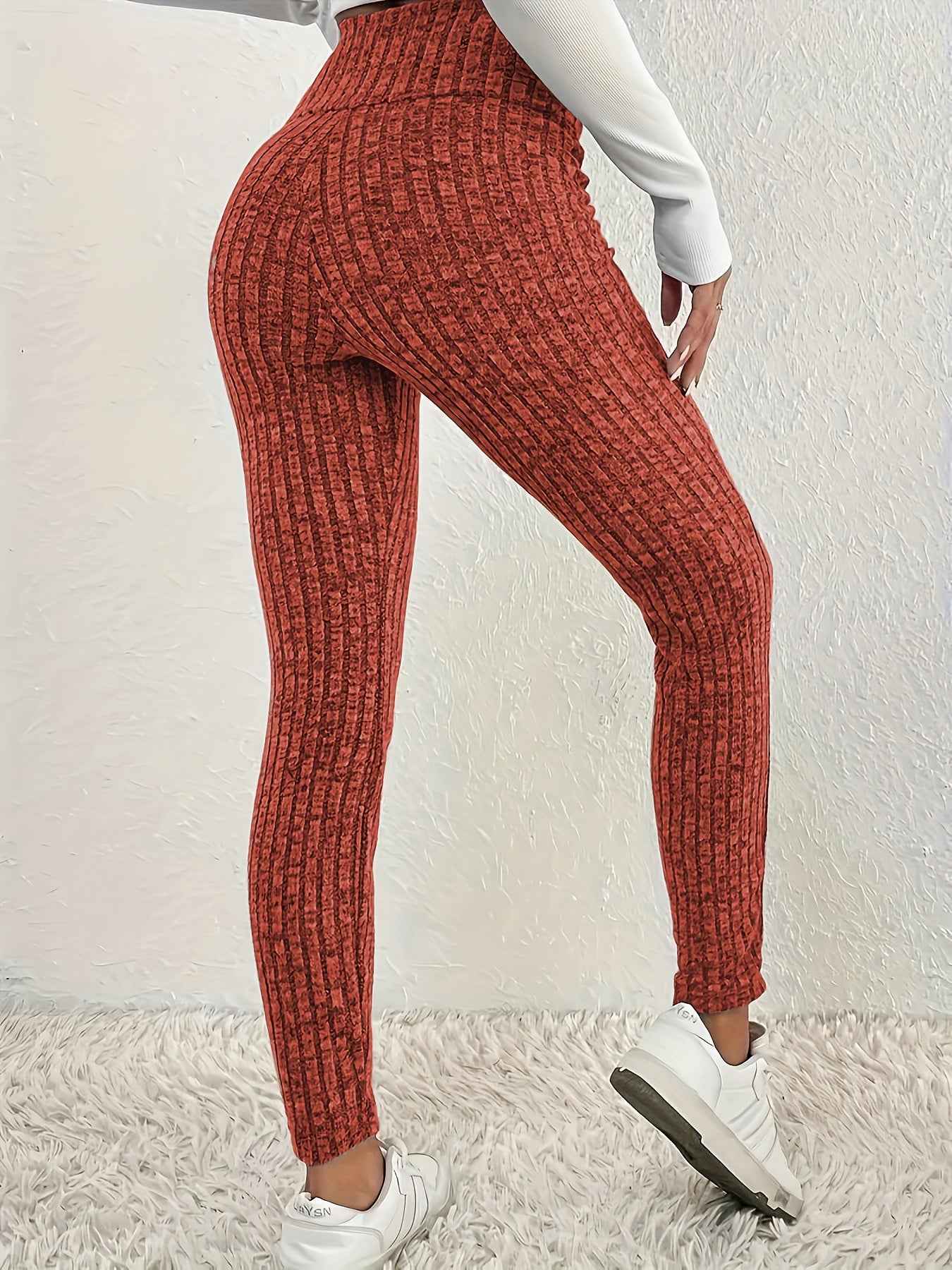 1pc Plus Size High Waist Solid Color Knit Leggings, Casual Stretchy Slimming Tights for Women, Polyester Knitted Fabric, Autumn/Winter Season