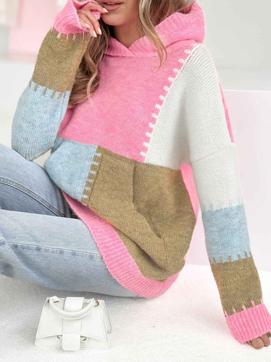 Plus Size Women's Elegant Hooded Sweater • Pastel Pink & Yellow Colorblock Long Sleeve Pullover • Cozy Front Pocket Fall/Winter Sweater • Everyday & Formal Outfits • Cute Casual Winter Wear • Durable Colorblock Desi