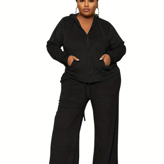 Plus Size - New Autumn And Winter Women'S Clothing in Large Sizes Featuring Solid Color Casual High-Waisted Wide-Leg Pants in a Two-Piece Set.