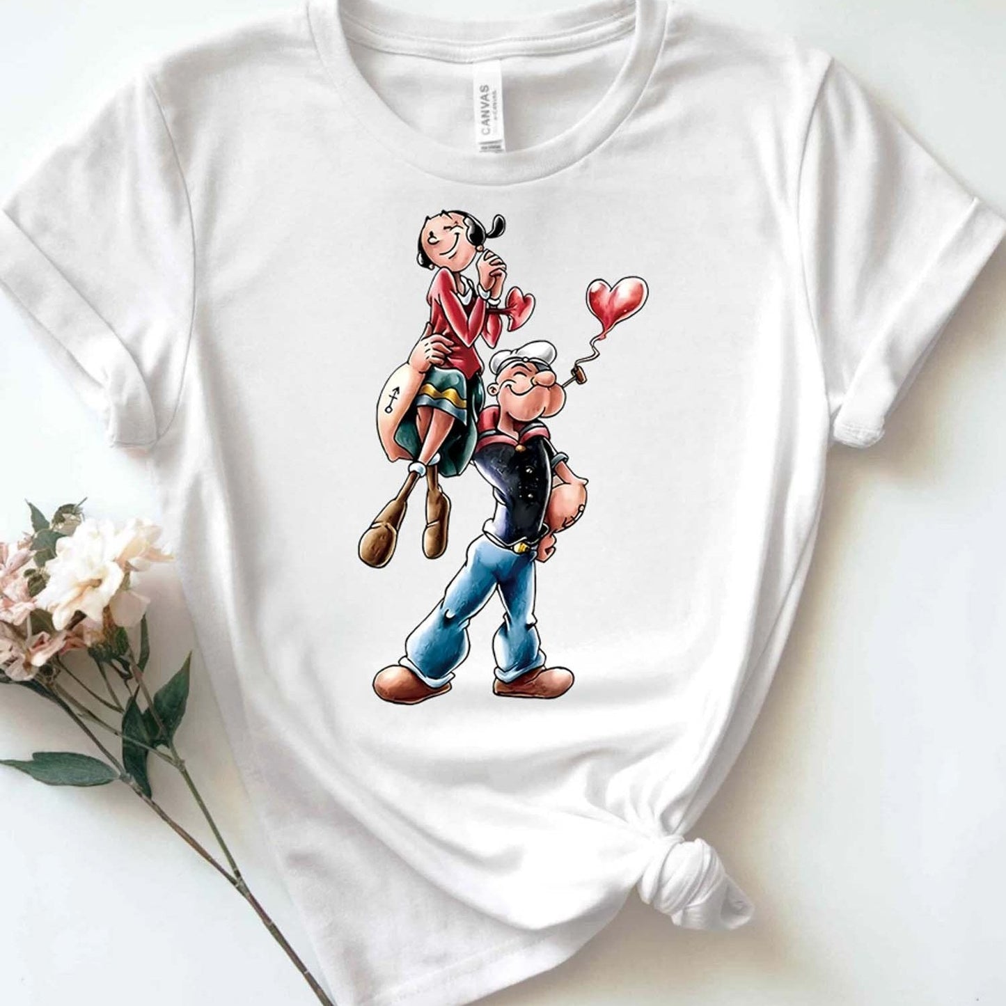 "White Women's Cotton T - Shirt: Popeye and Sweetheart Illustration" SS69 10.69 White / S