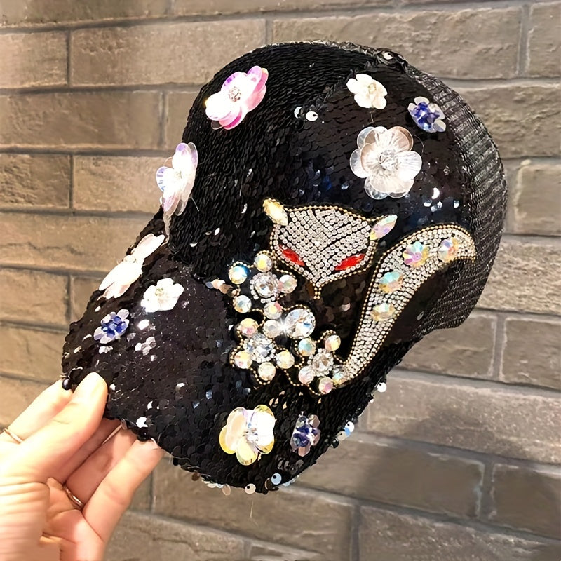 [Anime Baseball Cap] Anime Theme Women's Fashion Baseball Cap - Breathable Mesh, Adjustable Fit, Rhinestones and Floral Embellishments, Hot-stamping Craftsmanship, Sparkling Sequin Duckbill Hat, Carnival/Mardi Gras/Masquerade SS69