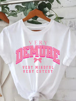 [Soft Graphic Tee] Soft Knit Women's Casual "Very Demure" Graphic Tee - Short Sleeve, Round Neck, Spring/Summer Fashion Top, White with Pink Print, Nontransparent Material, Bow Detail Shirt, Fitness Attire SS69