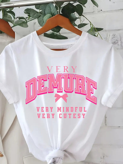 [Soft Graphic Tee] Soft Knit Women's Casual "Very Demure" Graphic Tee - Short Sleeve, Round Neck, Spring/Summer Fashion Top, White with Pink Print, Nontransparent Material, Bow Detail Shirt, Fitness Attire SS69