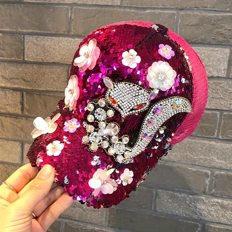 [Anime Baseball Cap] Anime Theme Women's Fashion Baseball Cap - Breathable Mesh, Adjustable Fit, Rhinestones and Floral Embellishments, Hot-stamping Craftsmanship, Sparkling Sequin Duckbill Hat, Carnival/Mardi Gras/Masquerade SS69