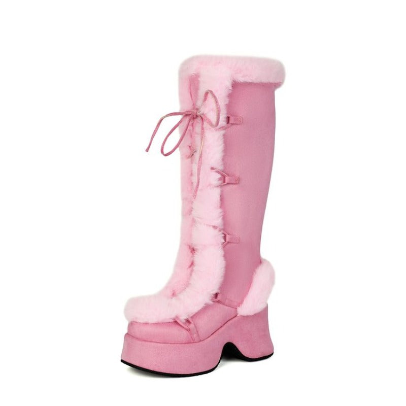 Women's Y2K Goth Boots/Faux Fur Knee-High Platform Winter/Chunky Heel & Lace-Up Closure/Warm Pink Furry Collar/Square Toe/Thick Rubber Sole & PU Cover/Cozy Snow Boots for Christmas, Parties & Casual Attire/Cold Weather Footwe