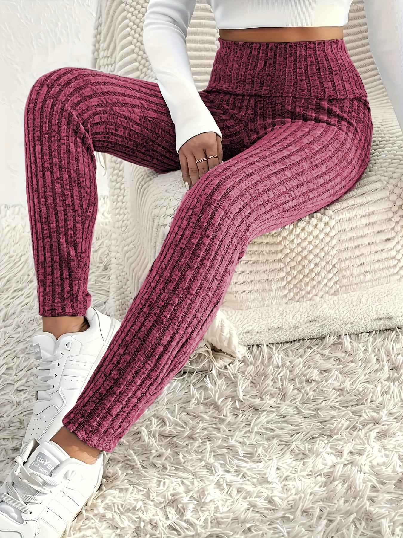 1pc Plus Size High Waist Solid Color Knit Leggings, Casual Stretchy Slimming Tights for Women, Polyester Knitted Fabric, Autumn/Winter Season