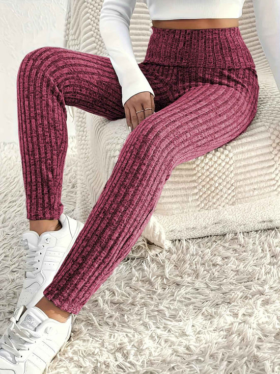 1pc Plus Size High Waist Solid Color Knit Leggings, Casual Stretchy Slimming Tights for Women, Polyester Knitted Fabric, Autumn/Winter Season