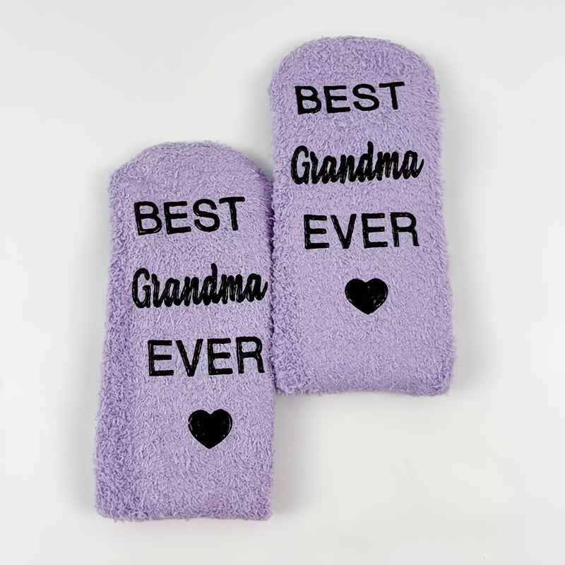 1 Pair Purple Mid-Calf Winter Warm Anti-Slip Knitted Socks with "BEST Grandma EVER" Letter Print, Perfect Gift for Birthdays, Retirement, and Parents