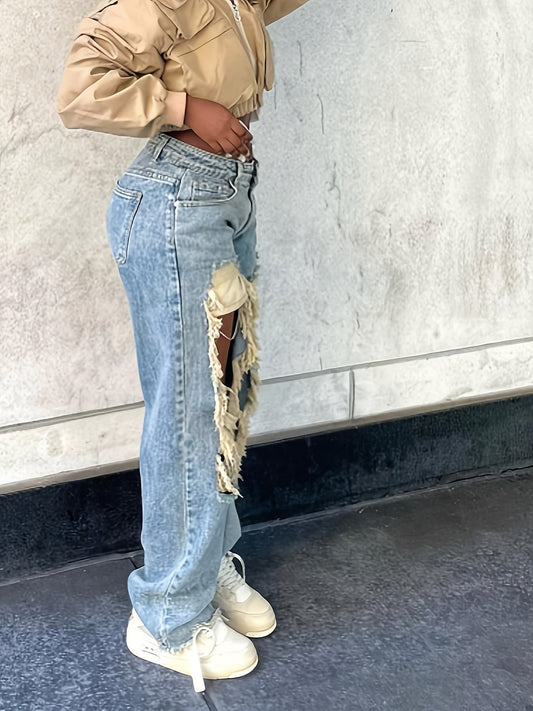 Women's High-Waisted Straight-Leg Jeans with Distressed Ripped Design - Trendy, Comfortable, and Versatile for All Seasons - Made of, Polyester, and Elastane Blend - Perfect for Casual Wear, Allseason Jeans | Vintage Style Je SS69