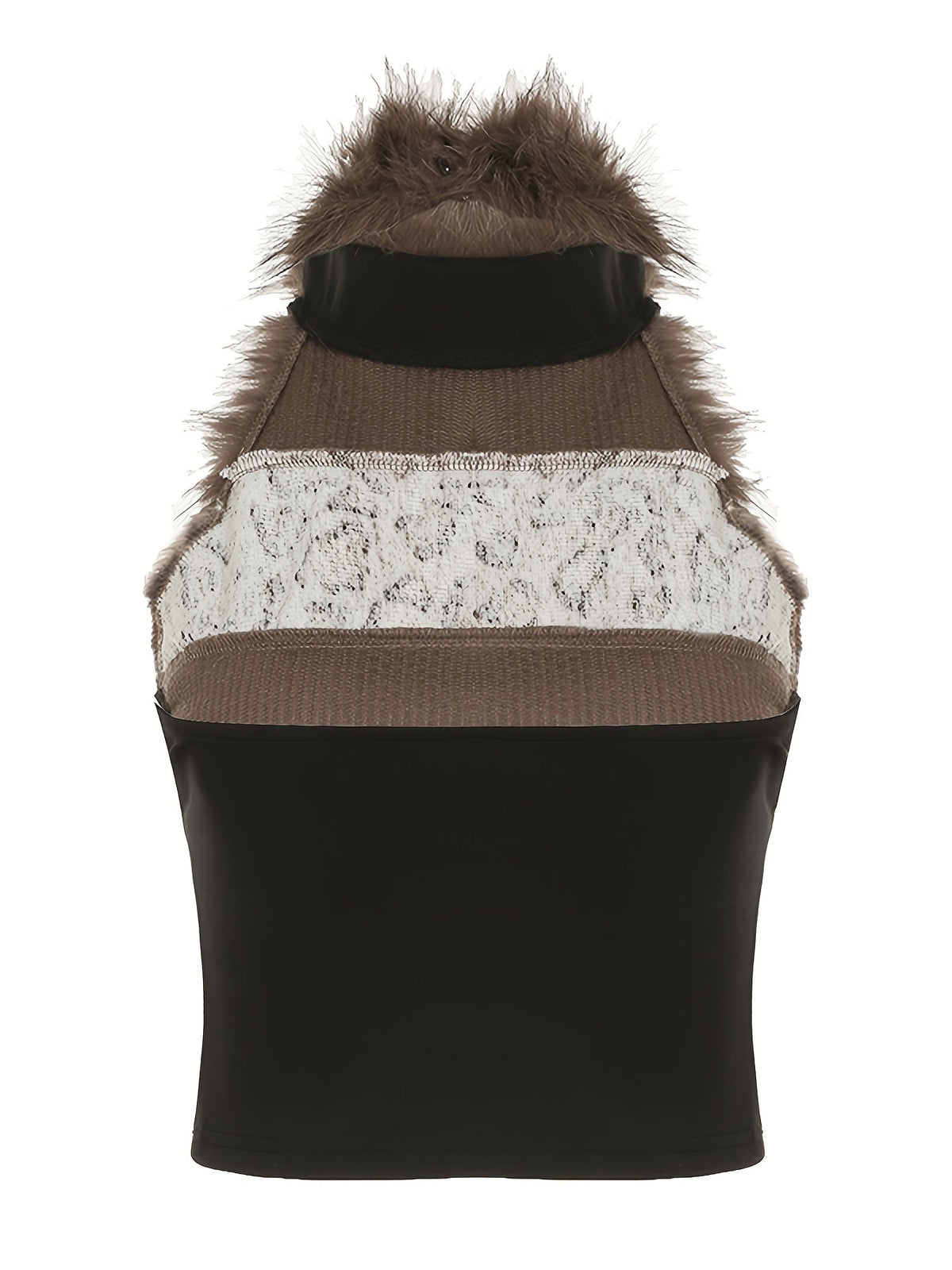Retro Furry Patchwork Leopard Print Color-Blocked High-Neck Crop Top, Sleeveless And Sexy Backless, Inspired by Japanese And Korean Street Fashion. SS69