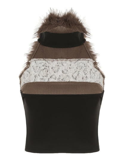 Retro Furry Patchwork Leopard Print Color-Blocked High-Neck Crop Top, Sleeveless And Sexy Backless, Inspired by Japanese And Korean Street Fashion. SS69
