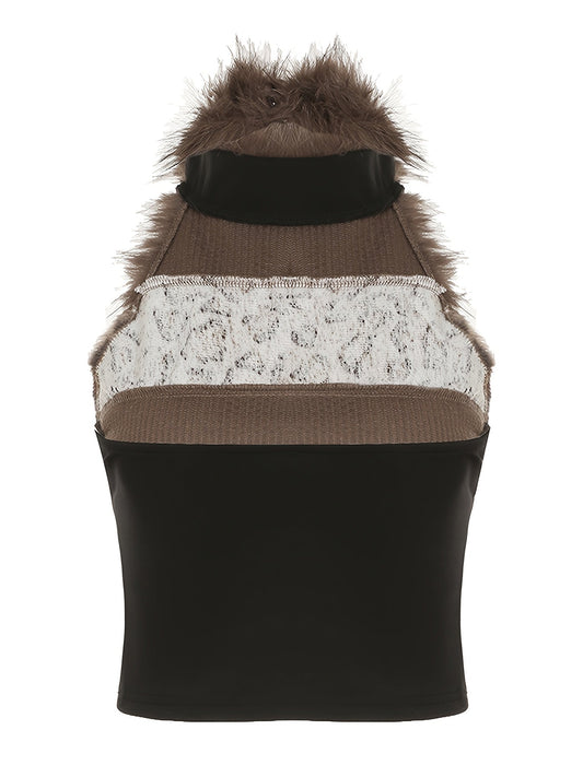 Retro Furry Patchwork Leopard Print Color-Blocked High-Neck Crop Top, Sleeveless And Sexy Backless, Inspired by Japanese And Korean Street Fashion. SS69