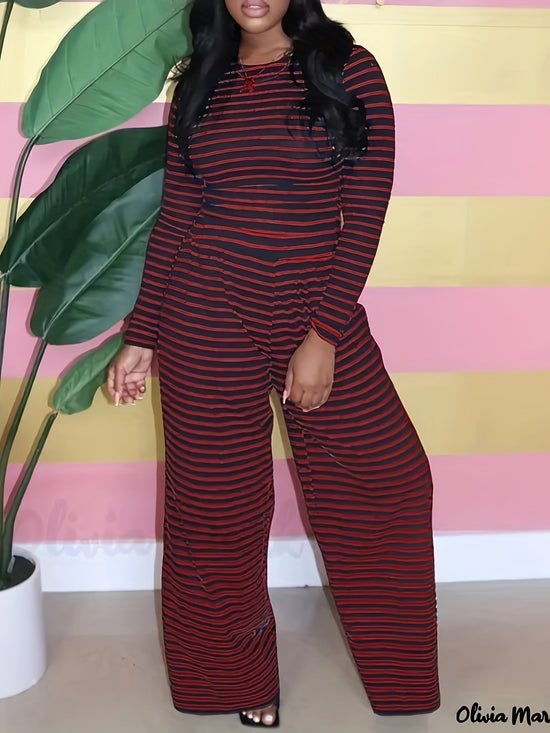 Women's Fashion Striped Clothes Top And High Waist Wide Legs Pants Set SS69