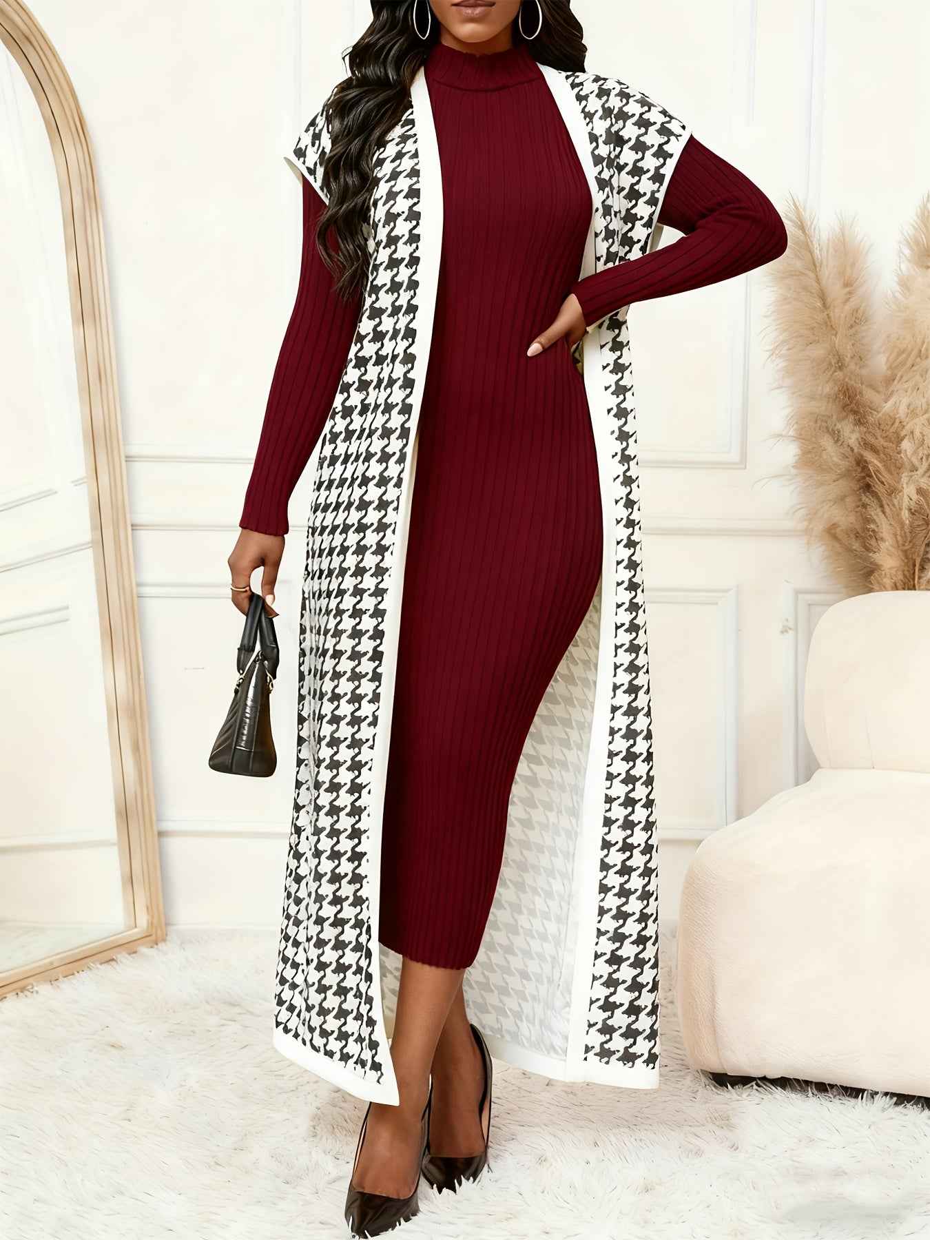 Women's Elegant Houndstooth Print Cardigan Vest - Oversized Collar Long Sleeveless Jacket, Black/White/Yellow/Beige, Fall Winter Warm Coat, Machine Washable Blazer for Casual & Formal Wear