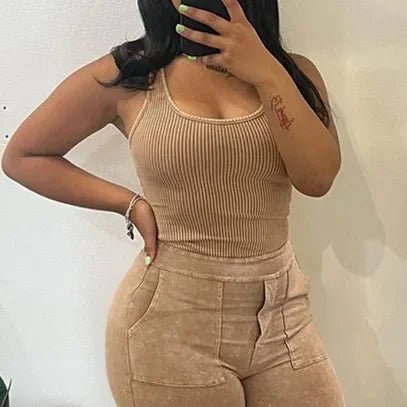 Fashion Fitness Women's Set Knit Ribbed Sleeveless Vests and Flare Pants 2024 Active Two 2 Piece Sets Outfits Tracksuit - SS69