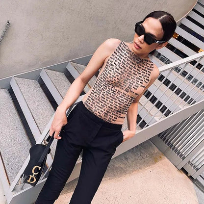 Fashion Trendy Round Collar Sleeveless Tank Mesh Sexy Article Print Slim Casual Top Women Hipster Wear - SS69