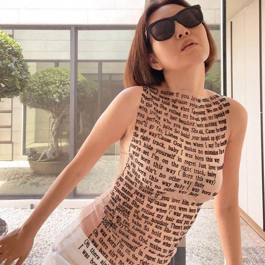 Fashion Trendy Round Collar Sleeveless Tank Mesh Sexy Article Print Slim Casual Top Women Hipster Wear - SS69