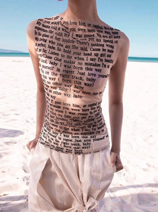 Fashion Trendy Round Collar Sleeveless Tank Mesh Sexy Article Print Slim Casual Top Women Hipster Wear - SS69