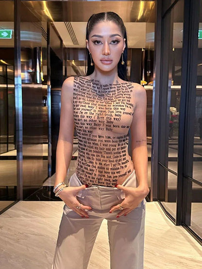 Fashion Trendy Round Collar Sleeveless Tank Mesh Sexy Article Print Slim Casual Top Women Hipster Wear - SS69