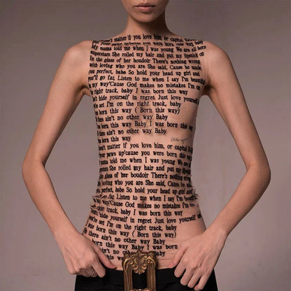 Fashion Trendy Round Collar Sleeveless Tank Mesh Sexy Article Print Slim Casual Top Women Hipster Wear - SS69