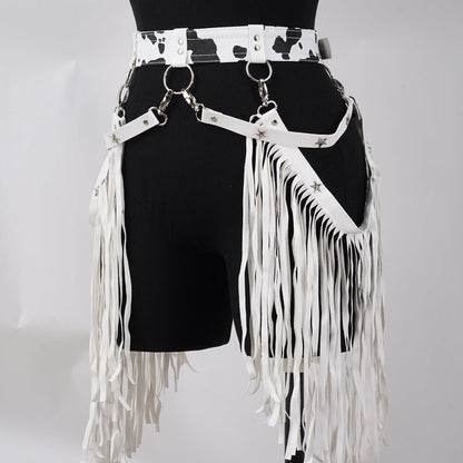 [Faux Leather Belt with Tassels] Western Adjustable Faux Leather Belt with Tassels - Suitable for Rodeo - Themed Outfits and Accessories for Women - SS69