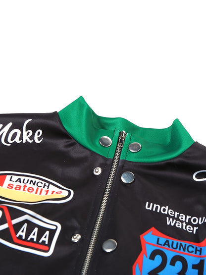 Women's Trendy Streetwear Letter Print Cropped Bomber Jacket - Red & White Casual Zip-Up with Graphic Design, Lightweight Polyester Blend for All Seasons, Fashion Forward Clothing | Trendy Casual Jacket | Polyester Blend Jack SS69