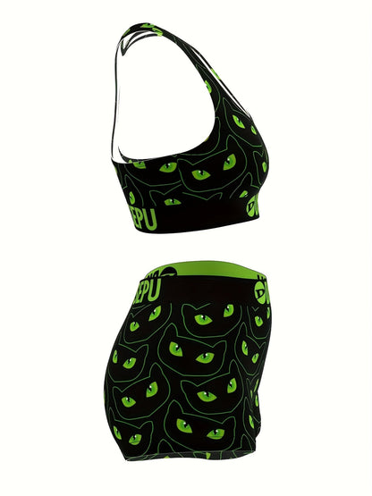 [Comfort Fit Yoga Running Shorts Set] Women's Trendy Cartoon Cat Print High-Stretch Breathable Sports Bra & Shorts Set - Comfort Fit, Shockproof for Yoga, Running & Swimming, Fitness Essentials SS69
