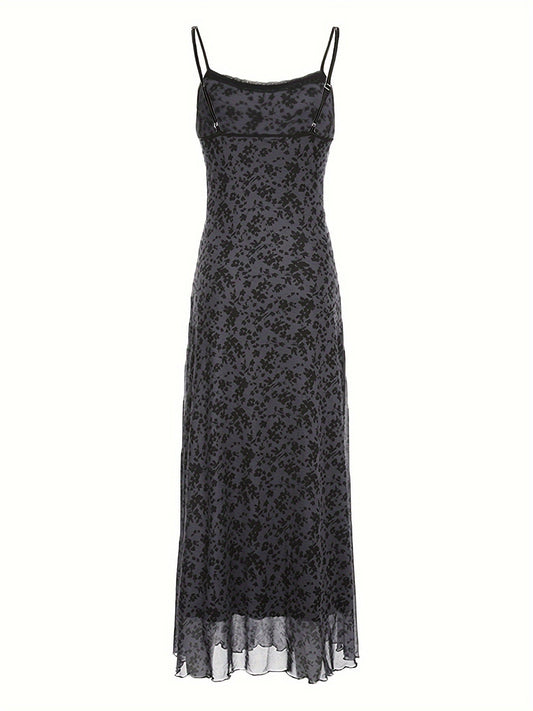 [Vintage Floral Dress] Floral Mesh Patchwork Long Dress - Slim Fit Vintage Style for Japanese and Korean Street Fashion SS69