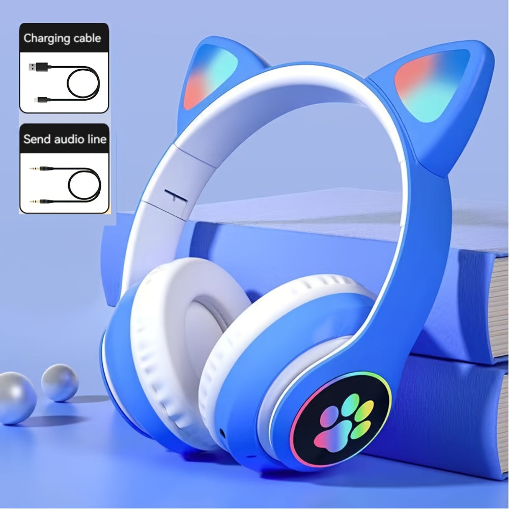Wireless & Wired Foldable Cat Ear Over-Ear Gaming Headset With LED Lights - Hi-Fi Stereo, Detachable Audio Cable, Built-in Mic, USB Rechargeable, Perfect Gift For Anime & Gaming Girls SS69 18.69 Blue