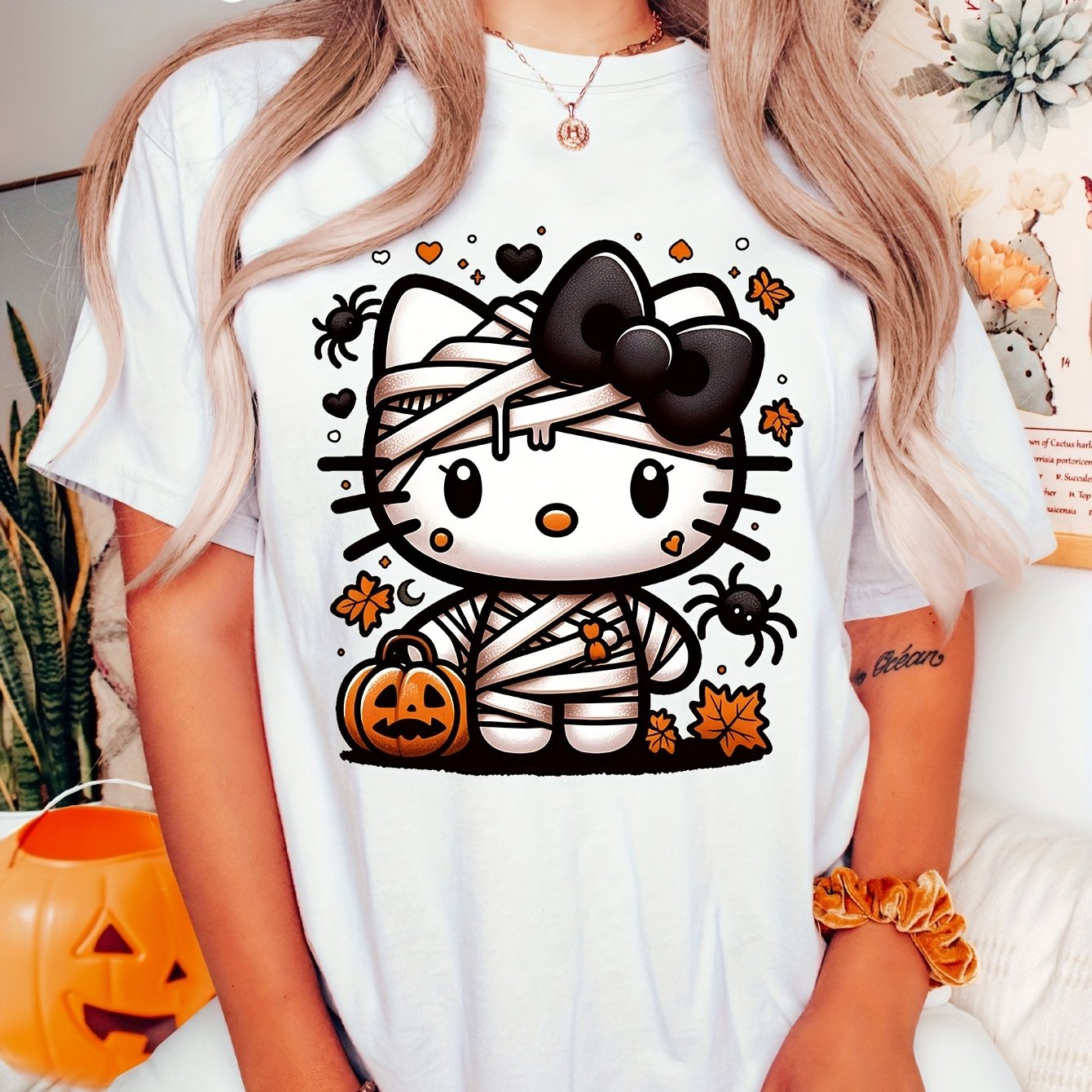 Sanrio Official Halloween Hello Kitty T-Shirt - Mummy Wrapped Graphic Tee with Orange Pumpkin, Casual Costume Party Outfit or Everyday Shirt for Women & Teens (S-XXL, Multi-Color Options) - Cute Sanrio Apparel, Halloween Clot SS69 15.69 White / XXL