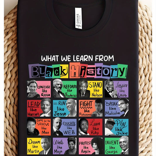 Black History Month T-Shirt - Inspirational Leaders Graphic Tee, Casual Crew Neck, Short Sleeve, 180g/㎡, Women's Educational Apparel SS69 12.69 Black / XXL