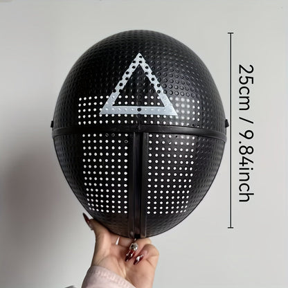 [Playful] Adjustable Black Full-Face Costume Mask for Adults - Funky Soldier Design with White Triangle & Circle Patterns, Breathable Plastic, Ideal for Halloween & Cosplay Parties, Roleplaying Prop | Playful Design | Secure SS69