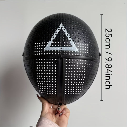 [Playful] Adjustable Black Full-Face Costume Mask for Adults - Funky Soldier Design with White Triangle & Circle Patterns, Breathable Plastic, Ideal for Halloween & Cosplay Parties, Roleplaying Prop | Playful Design | Secure SS69
